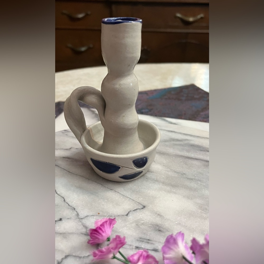 Williamsburg Pottery single Candle Holder Salt Glazed Stoneware Natural Blue